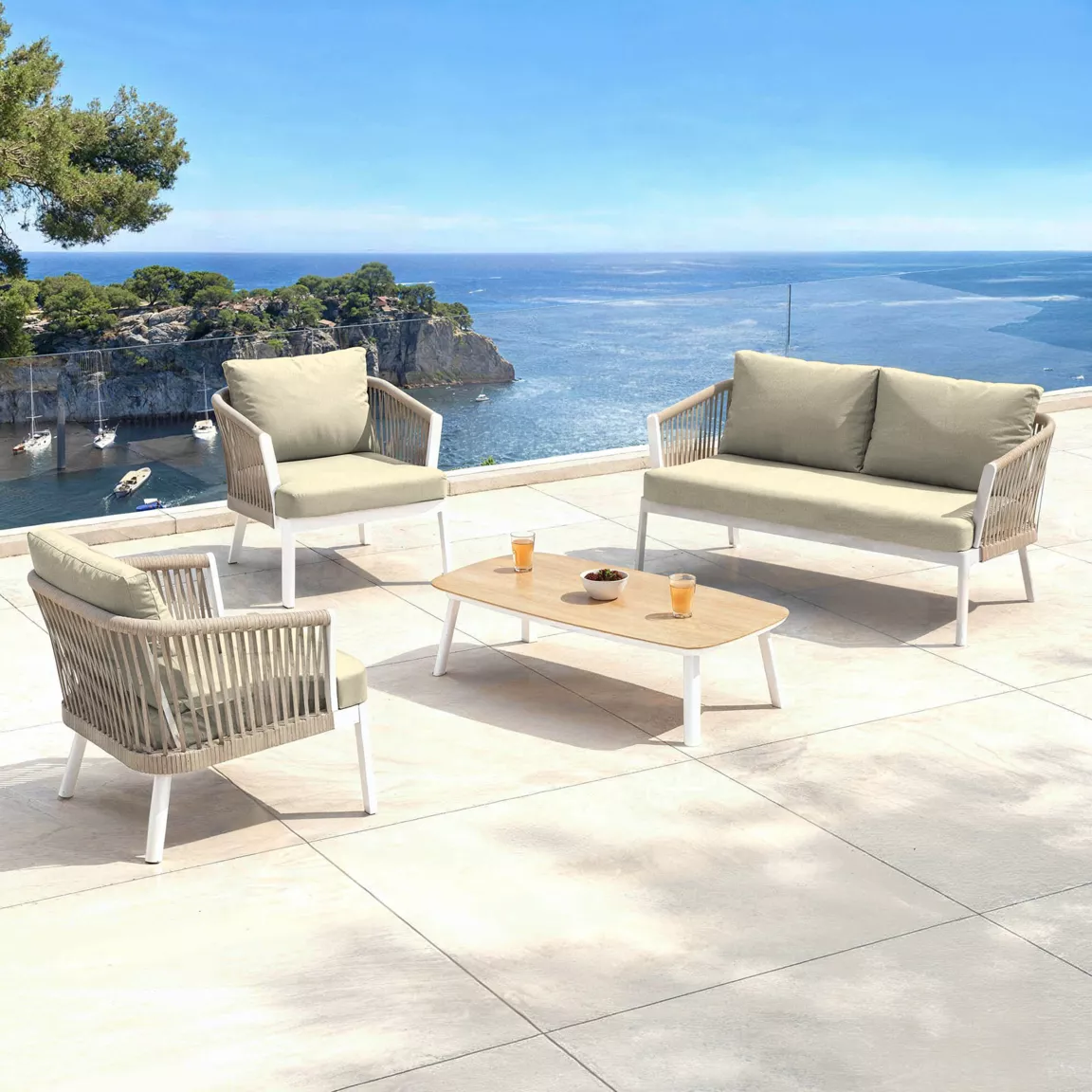 Salon de jardin en aluminium 4 places 4 pcs Amalfi Blanc et taupe