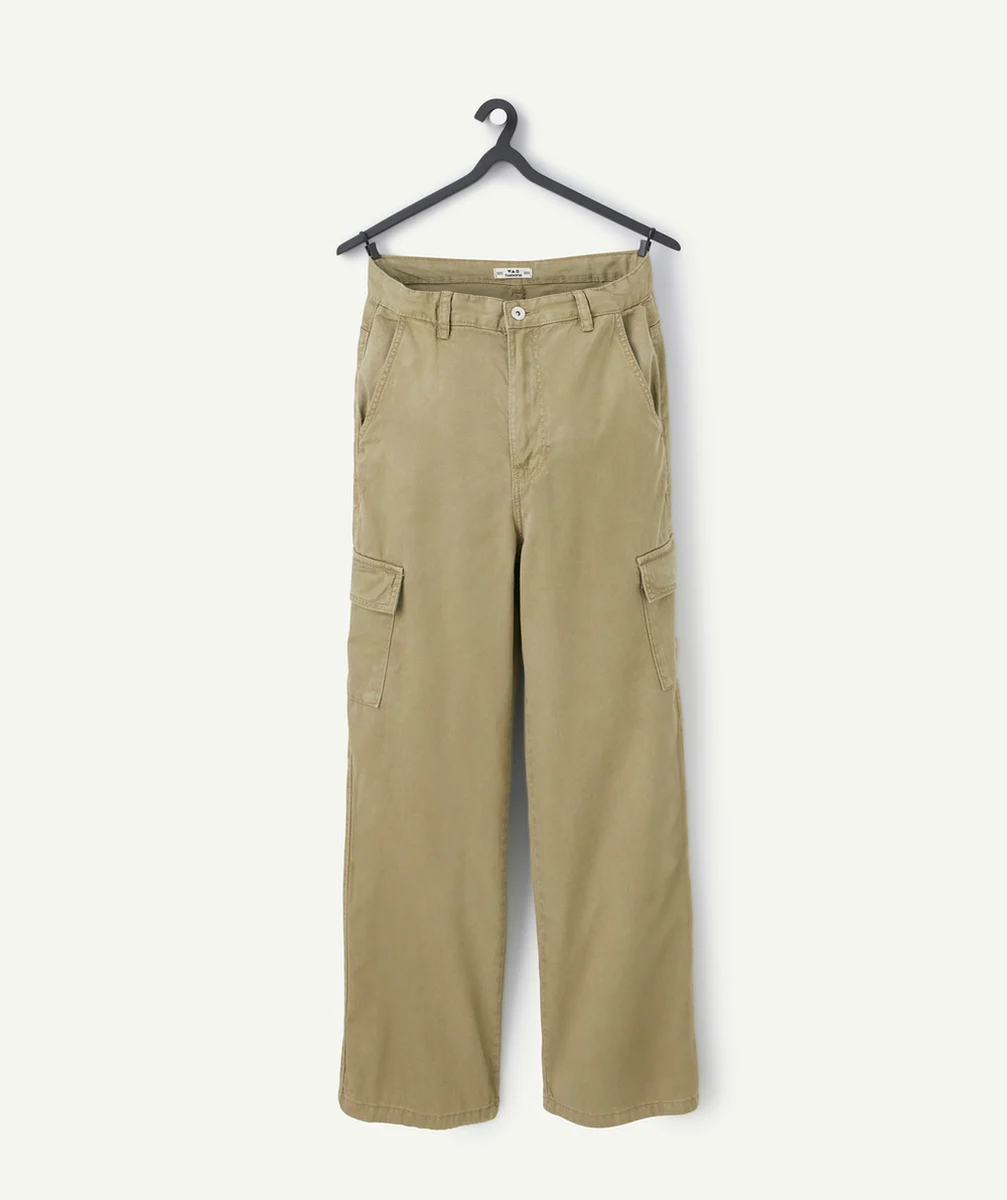 pantalon large fille en viscose responsable kaki avec poches cargo