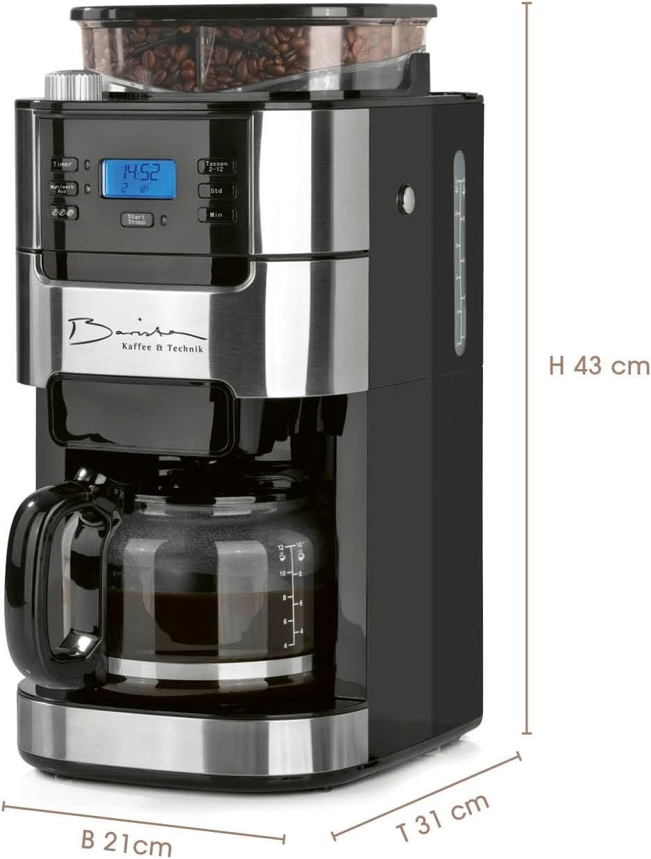 Barista Filterkaffeemaschine mit verstellbarem Mahlwerk & Glaskanne | Warmhaltefunktion, 24h Timer & Permanentfilter | Für 10 Tassen Kaffee | Kaffeemaschine für Bohnen & Pulver [Edelstahl]