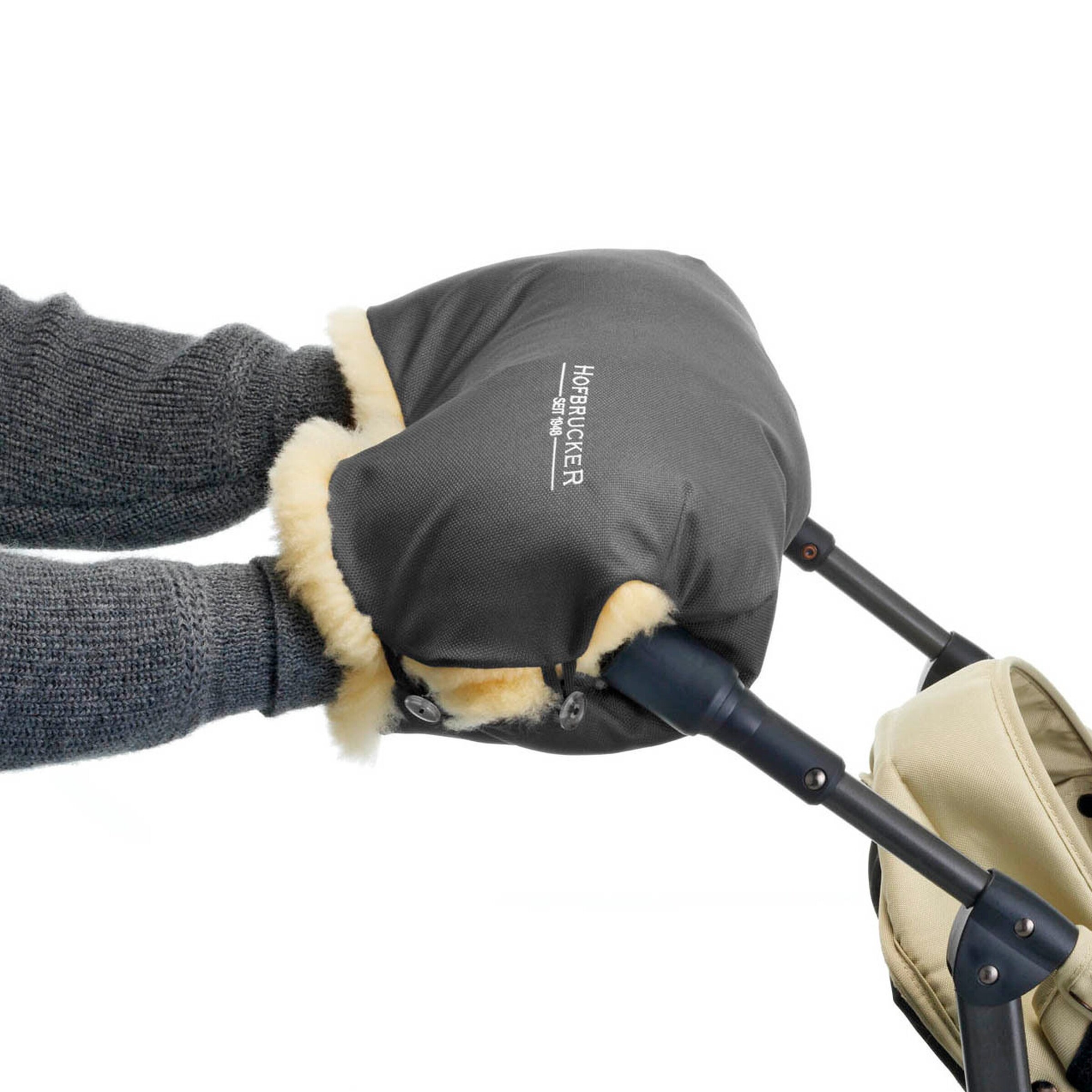 Hofbrucker Lammfell-Handwärmer für Kinderwagen Lammfell Handmuff Grau