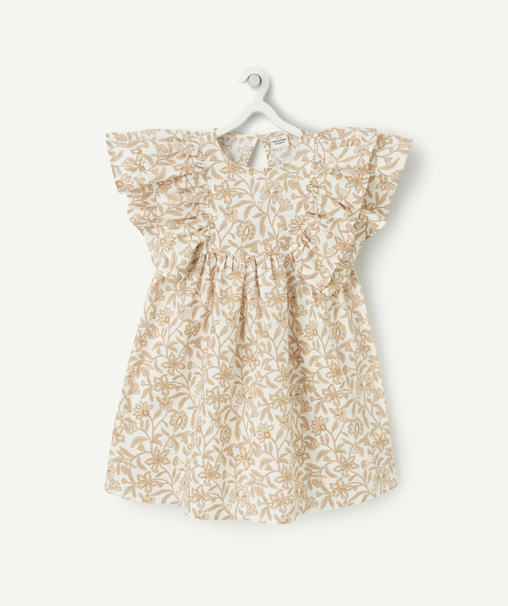 ROBE FILLE BLANCHE IMPRIMÉ FLEURI MARRON AVEC FRONCES ET VOLANTS