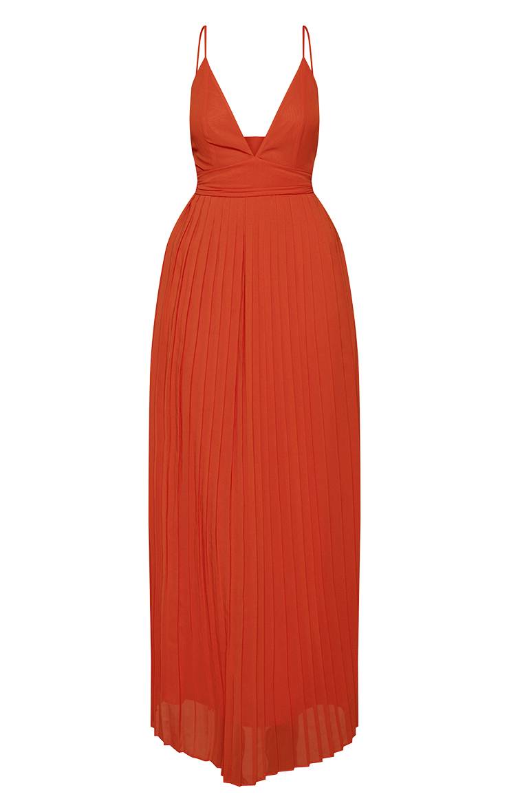 Orange Robe Longue Plissée En Mousseline Avec Bretelles Fines Et Ceinture