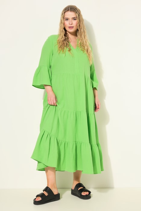 Maxikleid, A-Line, Musselin, Stehkragen, Volants, 3/4-Ärmel