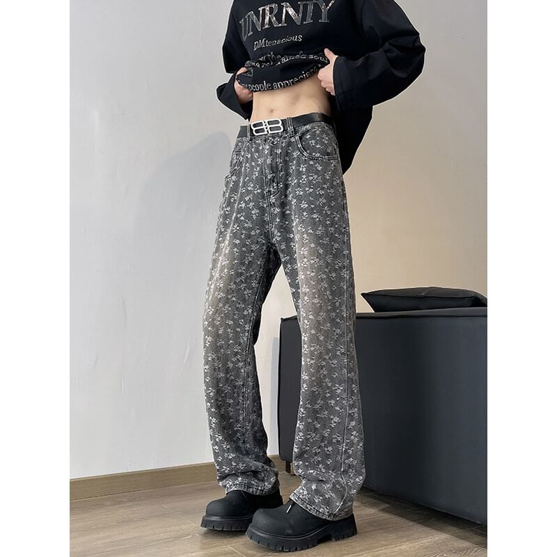 Obikan - Mid Rise Flora Print Washed Wide Leg Jeans