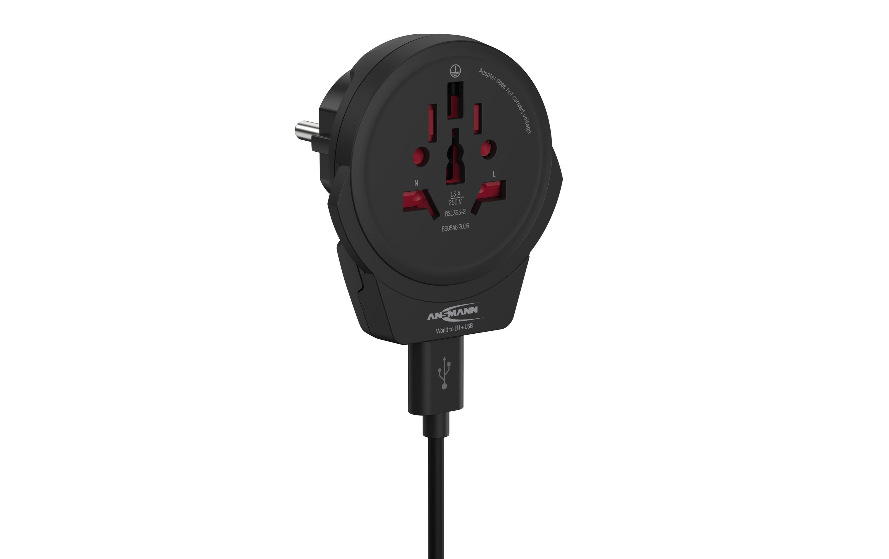 Reiseadapter World to EU + USBKompakter Reisestecker mit Schutzleiter und USB Ladeanschluss