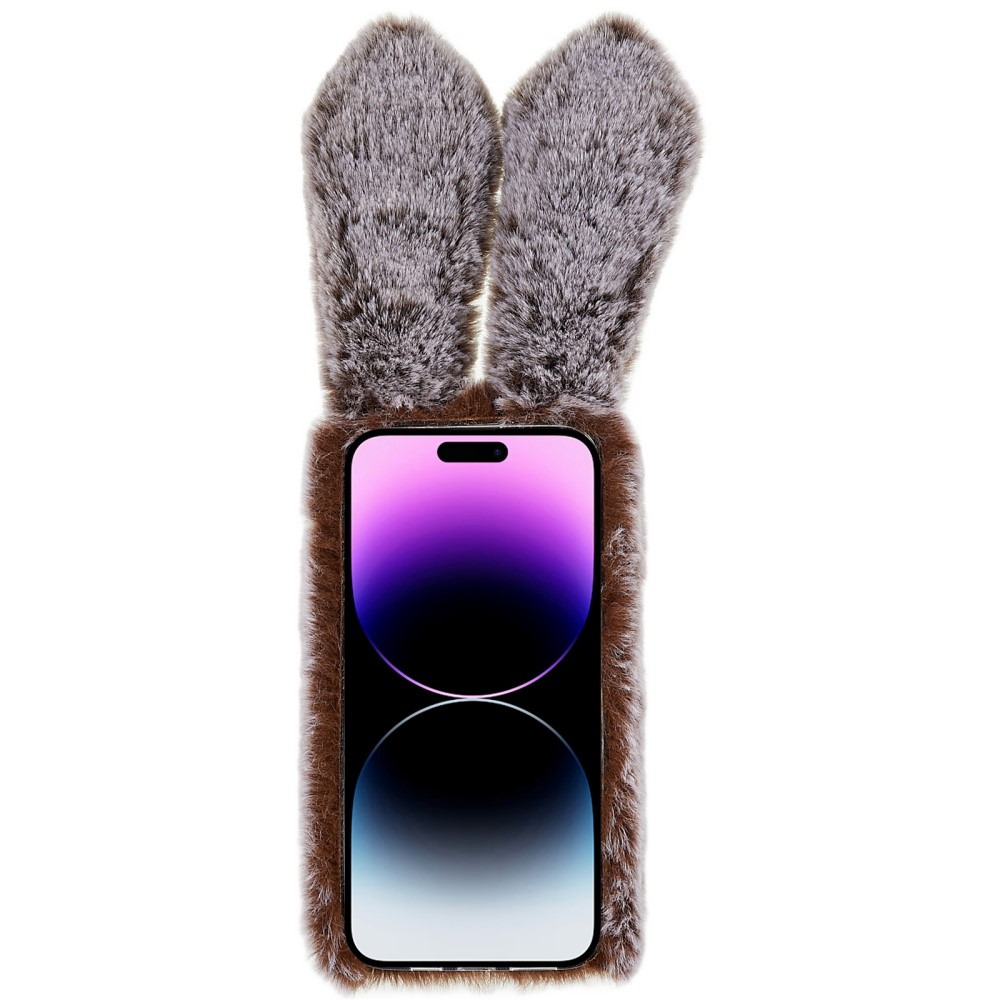 iPhone 14 Pro Max 3D Gummi Plüsch Case Hülle Bunny mit Flauschigen Hasenohren - Braun