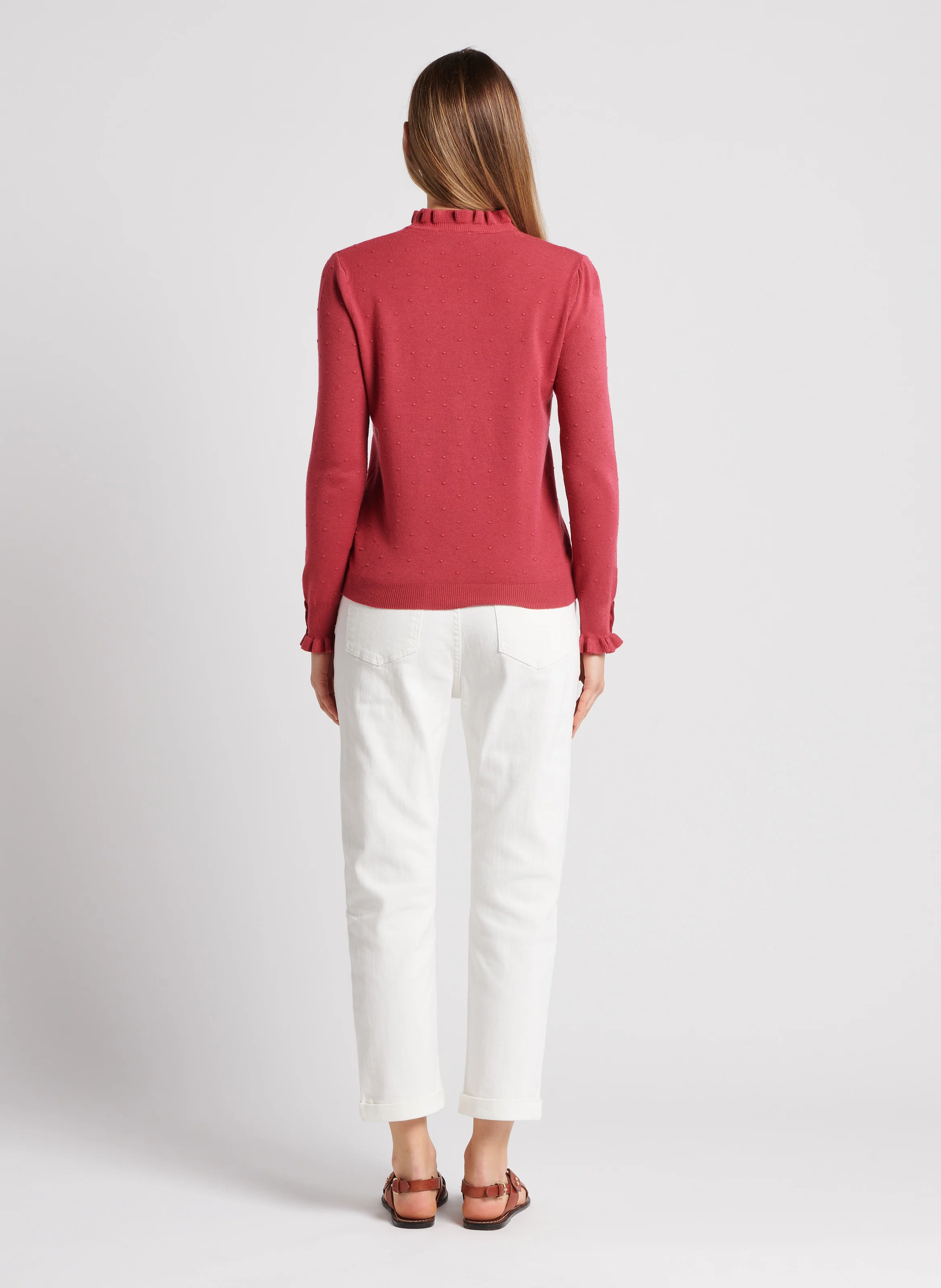 SOLFERINO - Pull col rond jacquard à volants | Rose
