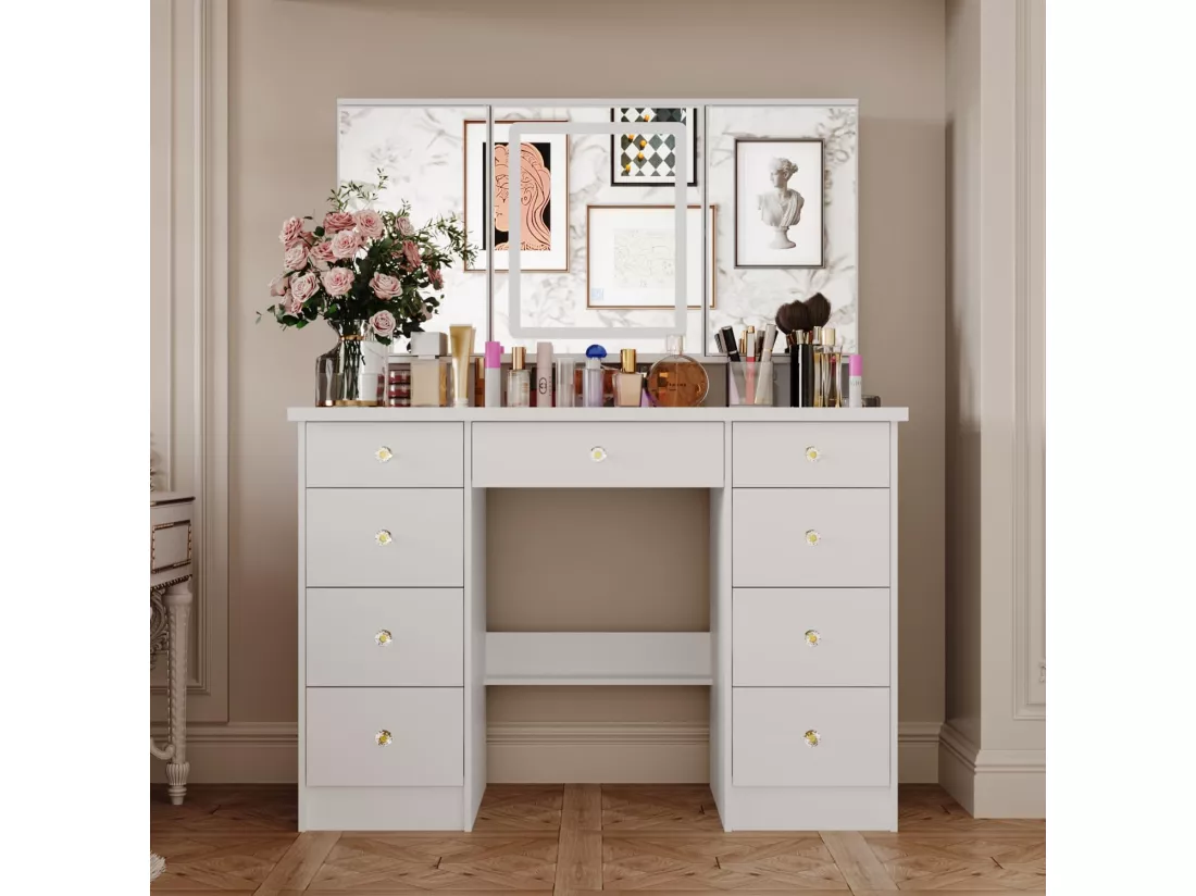 Coiffeuse avec éclairage LED et miroir rectangulaire surdimensionné 50x110x137cm Blanc