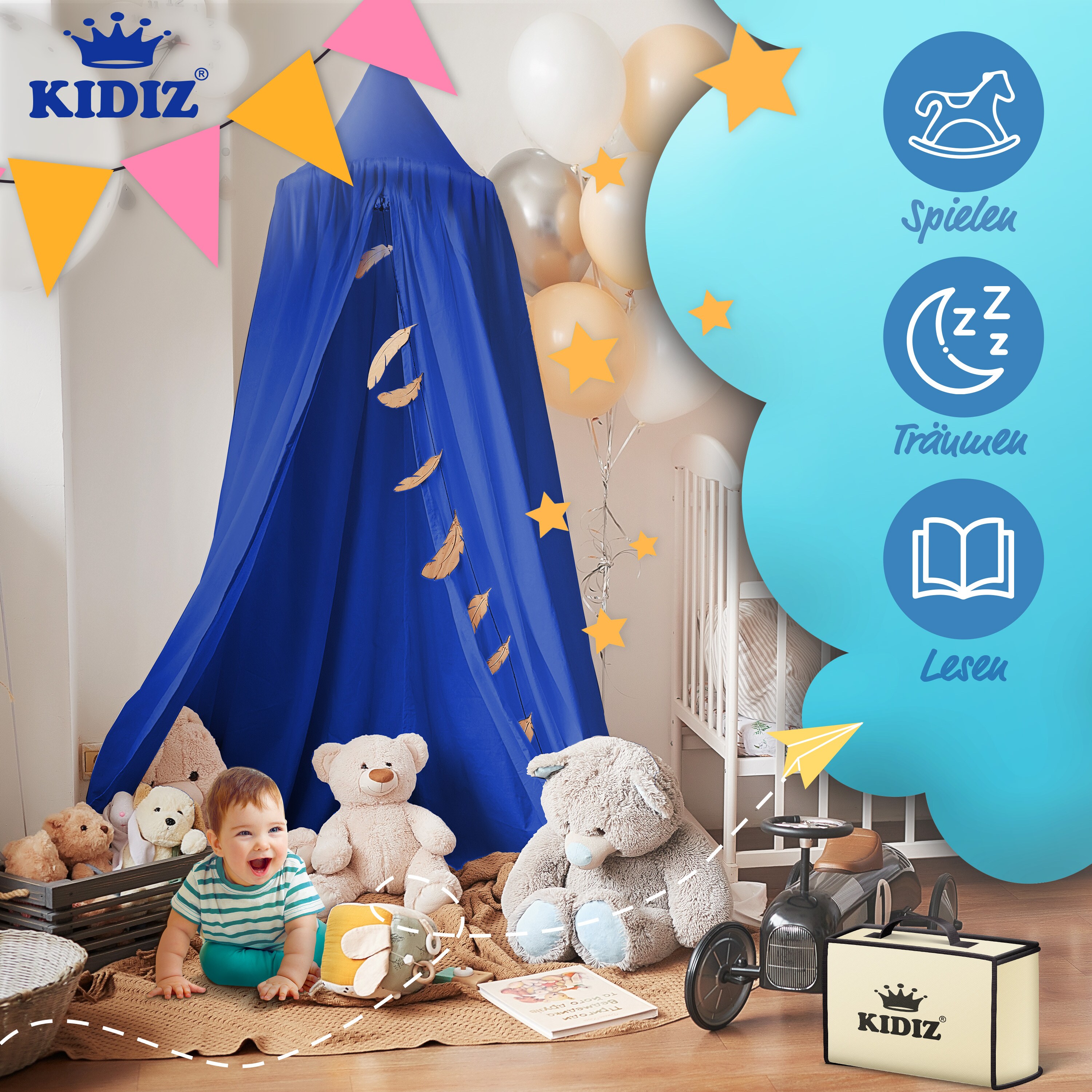 KIDIZ® Baldachin Kinderzimmer Betthimmel babybett für Schlafzimmer Inkl. Aufbewahrungstasche | ohne Bohren | Saumlänge ca. 270cm | Moskitonetz Insektenschutz Kinder Spielzelte