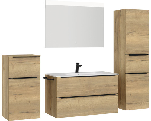 Badkamermeubelset NOBILIA Programma 1 BxHxD 210 x 169,1 x 48,7 cm, frontkleur eiken naturel, met witte wastafelkast en spiegel met LED-verlichting, halfhoge kast, onderkast, greeplijst zwart 111