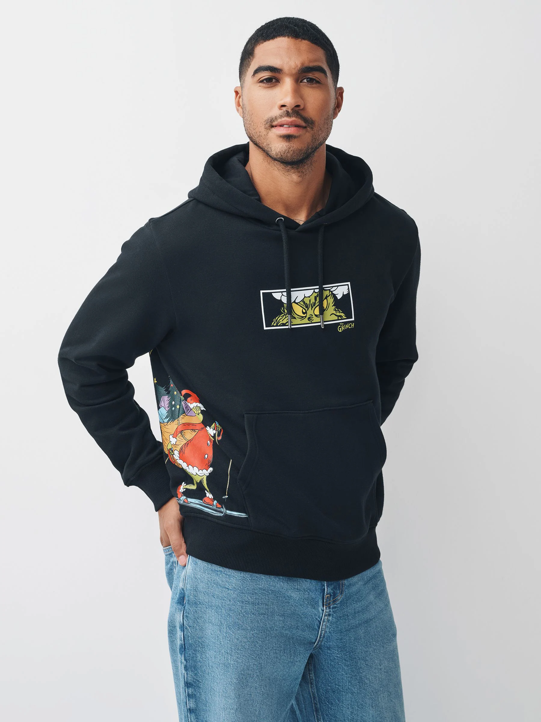 Zwart - Overhead Hoodie met Grinch Kerstmisafbeelding