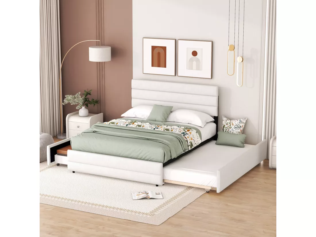 Lit gigogne pour adulte et enfant 140 x 200cm & 90 x 190cm - Lit plate-forme extensible avec 2 tiroirs avec sommier à lattes et tête de lit - blanc