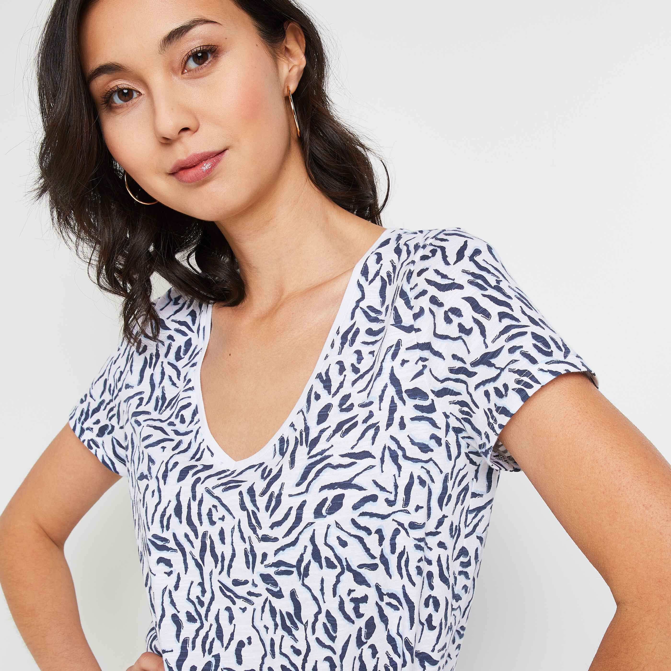 T-shirt imprimé col V femme - BLANC CASSE