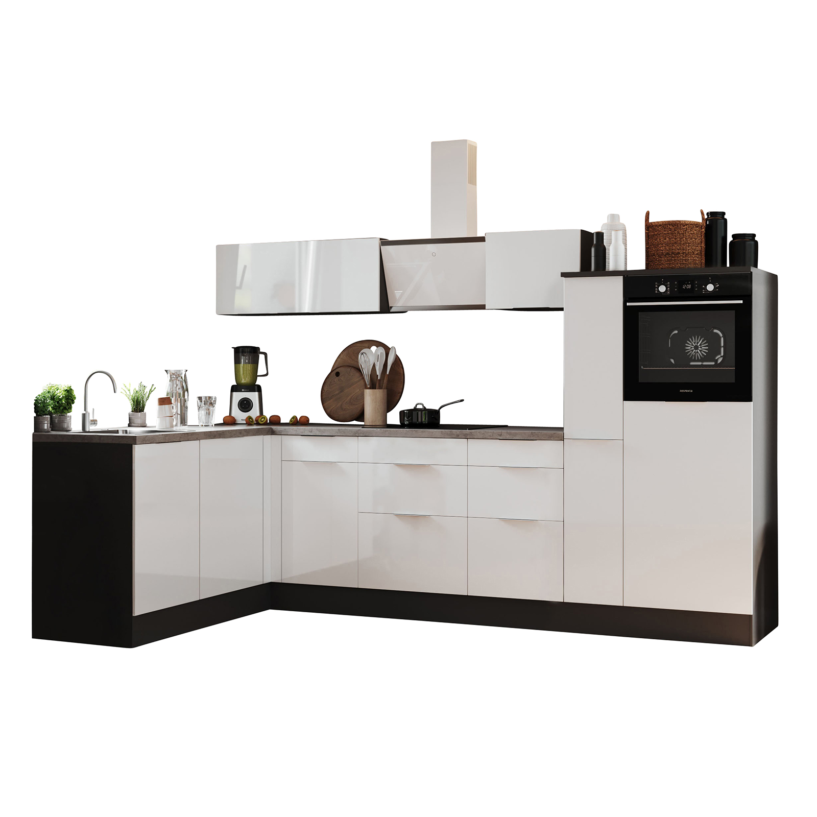 RESPEKTA Winkelküche - weiß Hochglanz - grau matt - mit E-Geräten - 310x175 cm