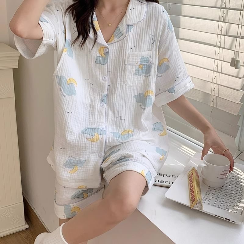 Dazzli - Pyjamaset: shirt met korte mouwen, kraag en print + shorts met elastische taille