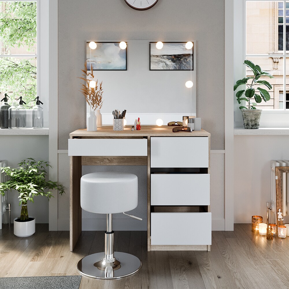 Vicco Schminktisch Sherry Sonoma Weiß, 90 x 75 cm, Spiegel, LED & Hocker, modern
