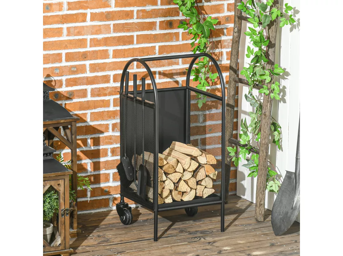 Chariot - porte bûches - range bûches - multi-accessoires avec 2 roulettes métal noir