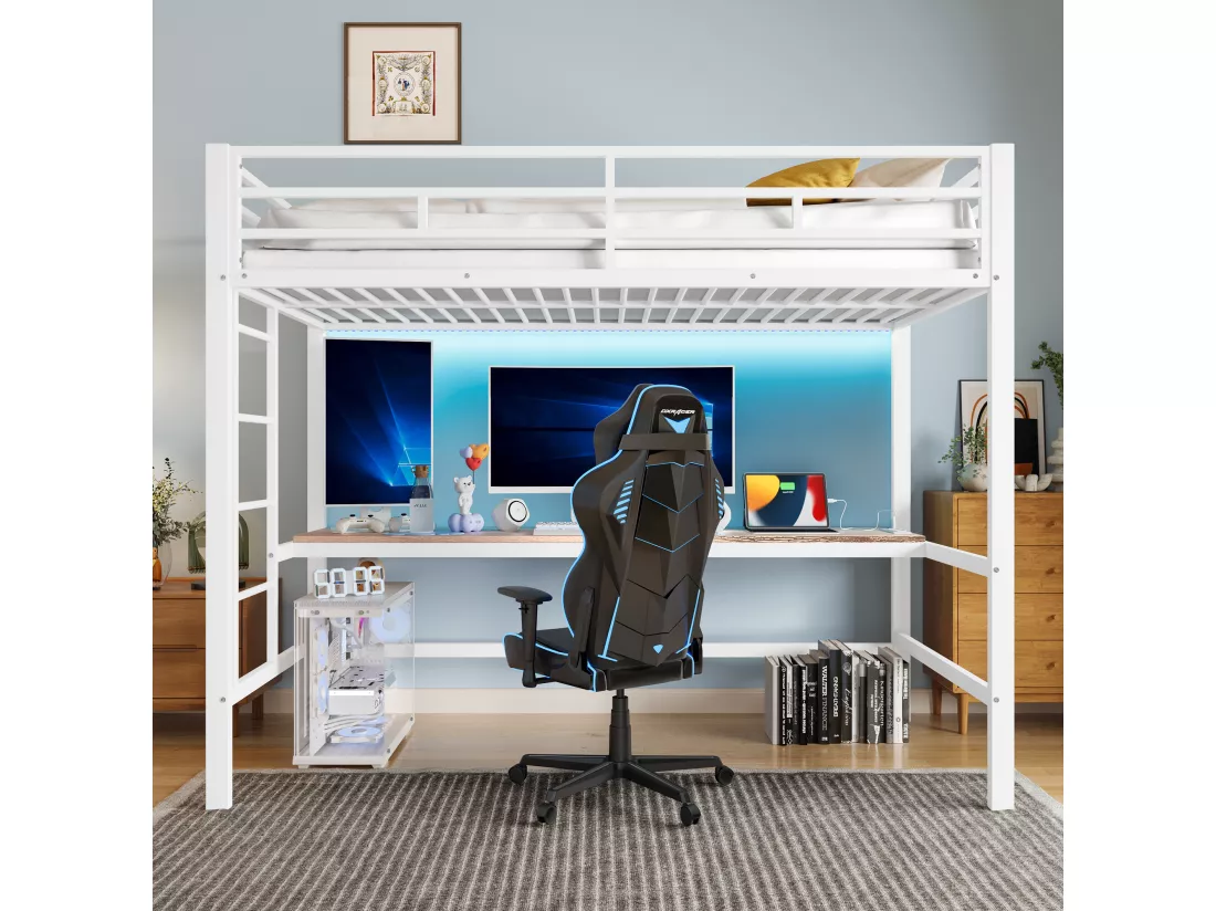 Lit mezzanine garde-corps et escabeau - 90 x 200 cm - avec USB et table - LED - sans matelas - métal - white