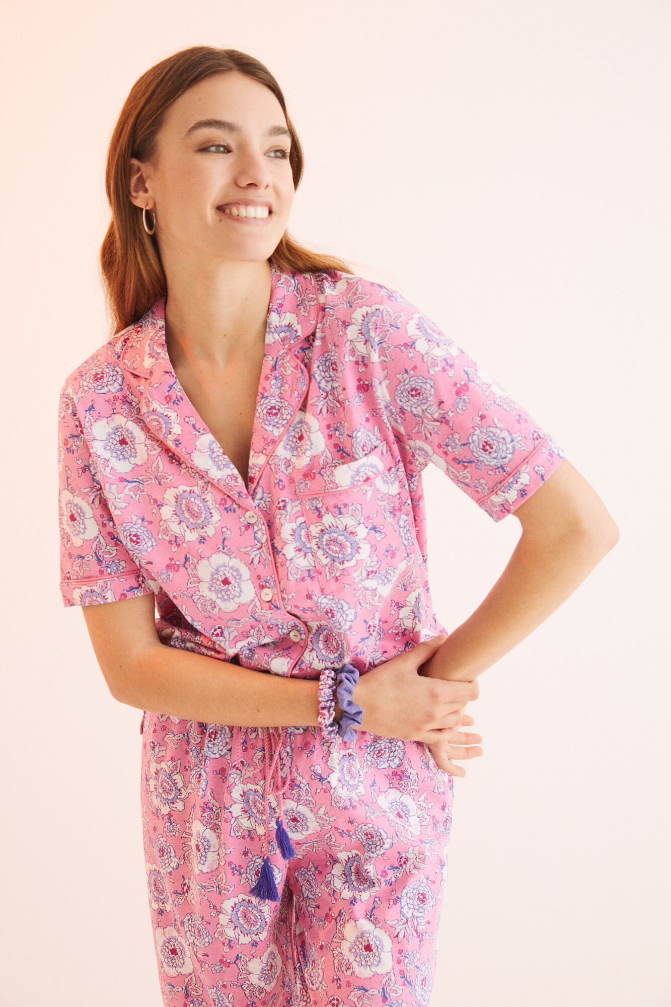 Pijama estilo camisa rosa estampado, 100% algodão - rosa