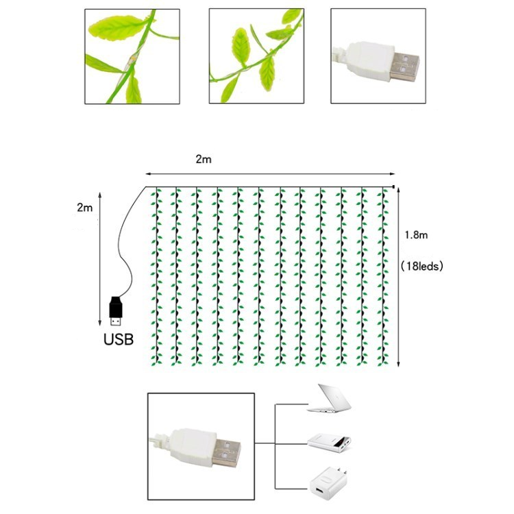 (2x1.8m) 108 LED's Deko USB Lichterkette Blätter Vorhang Outdoor Beleuchtung IP44 - Warmweiss