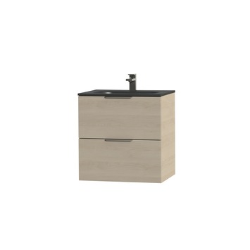 Tiger Studio badkamermeubel 60 cm naturel eiken met wastafel polybeton mat zwart greep rvs plat