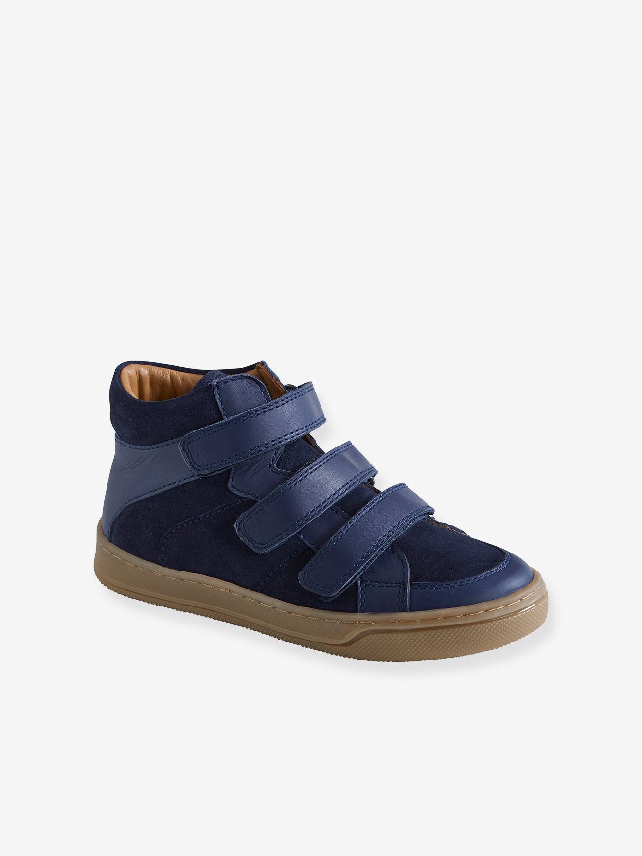 Tênis de cano alto em couro com fecho de velcro, para meninos, azul escuro liso