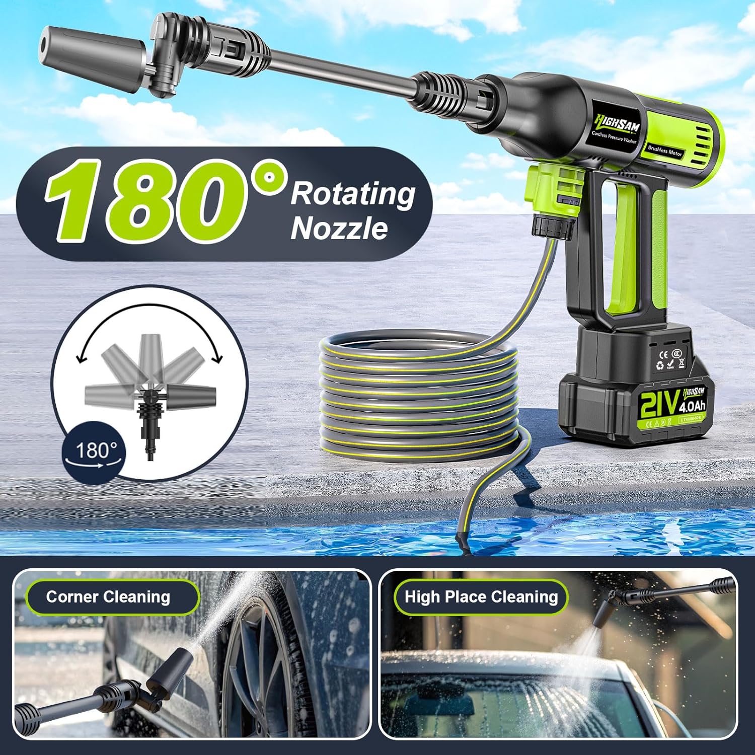 Akku Hochdruckreiniger, highsam Pressure Washer 4-Gang-Modus Max 120Bar, Druckreiniger Mobiler mit 2x4.0Ah Batterien, 6-in-1und 180° Drehbare Düse, Schaumsprüher, 5M Schlauch | Reinigung Bewässerung