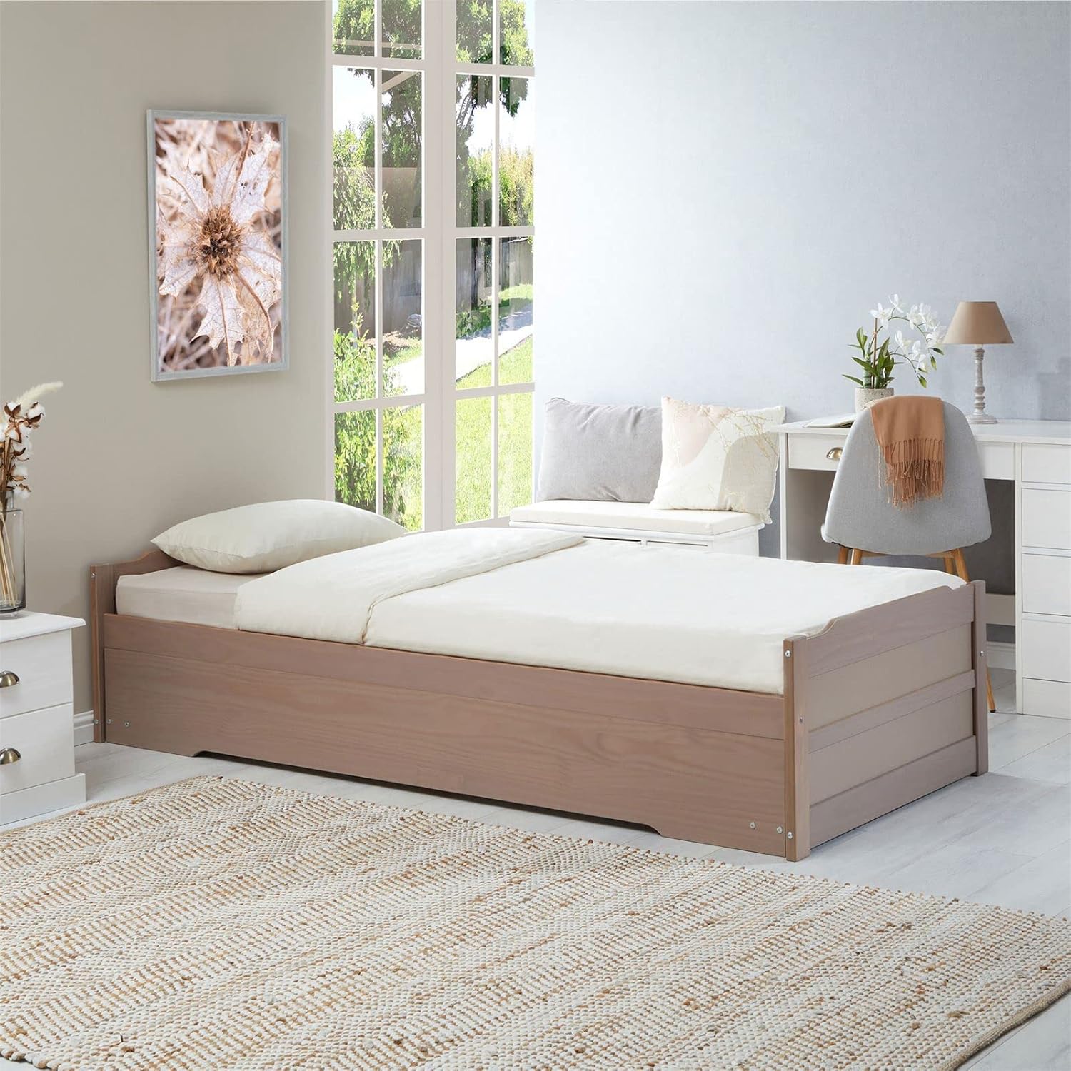 IDIMEX Ausziehbett Lorena in 90 x 190 cm, schönes Tagesbett aus Kiefer massiv in Taupe, praktisches Jugendbett mit Auszugskasten