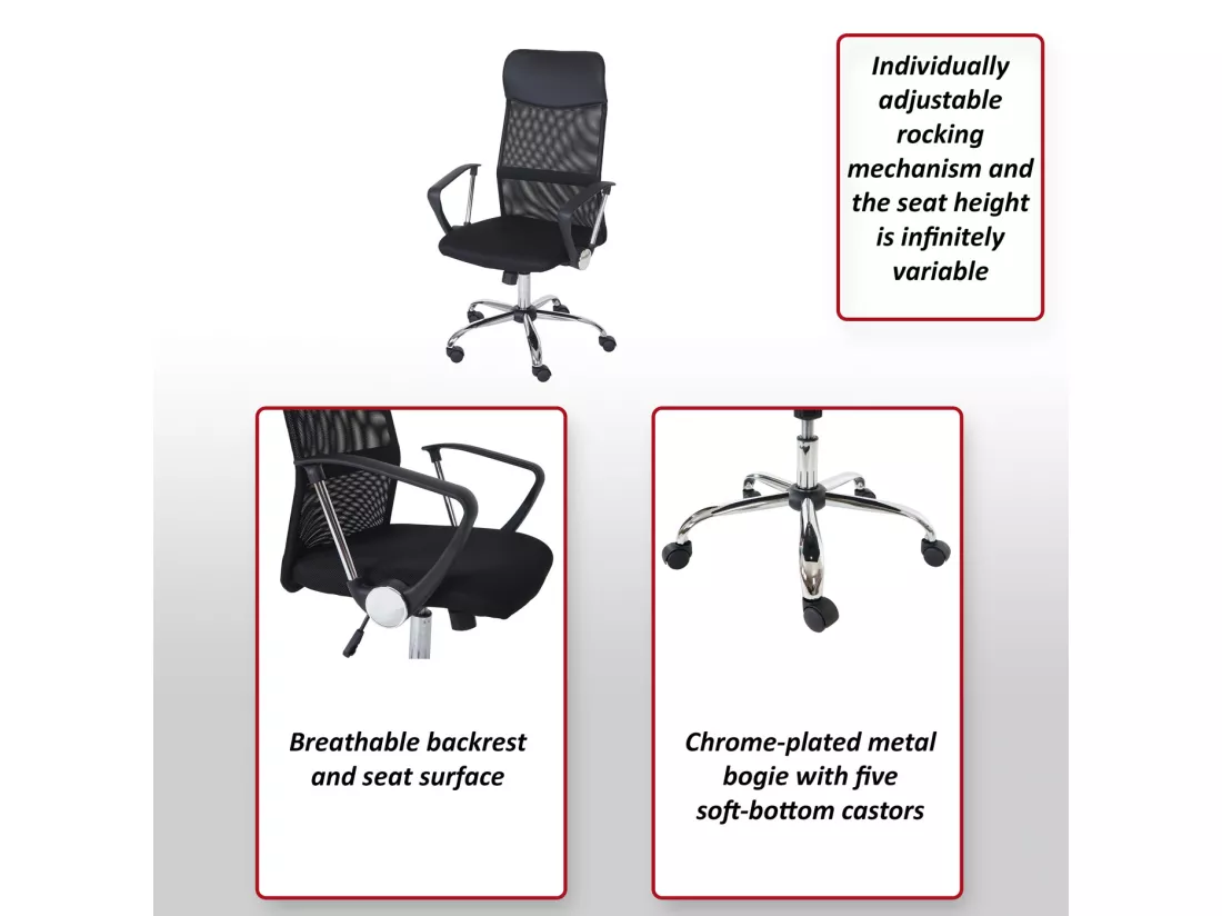 Chaise de bureau Malmö, Fauteuil/siège de bureau Oslo, ergonomique, simili-cuir/filet, noir