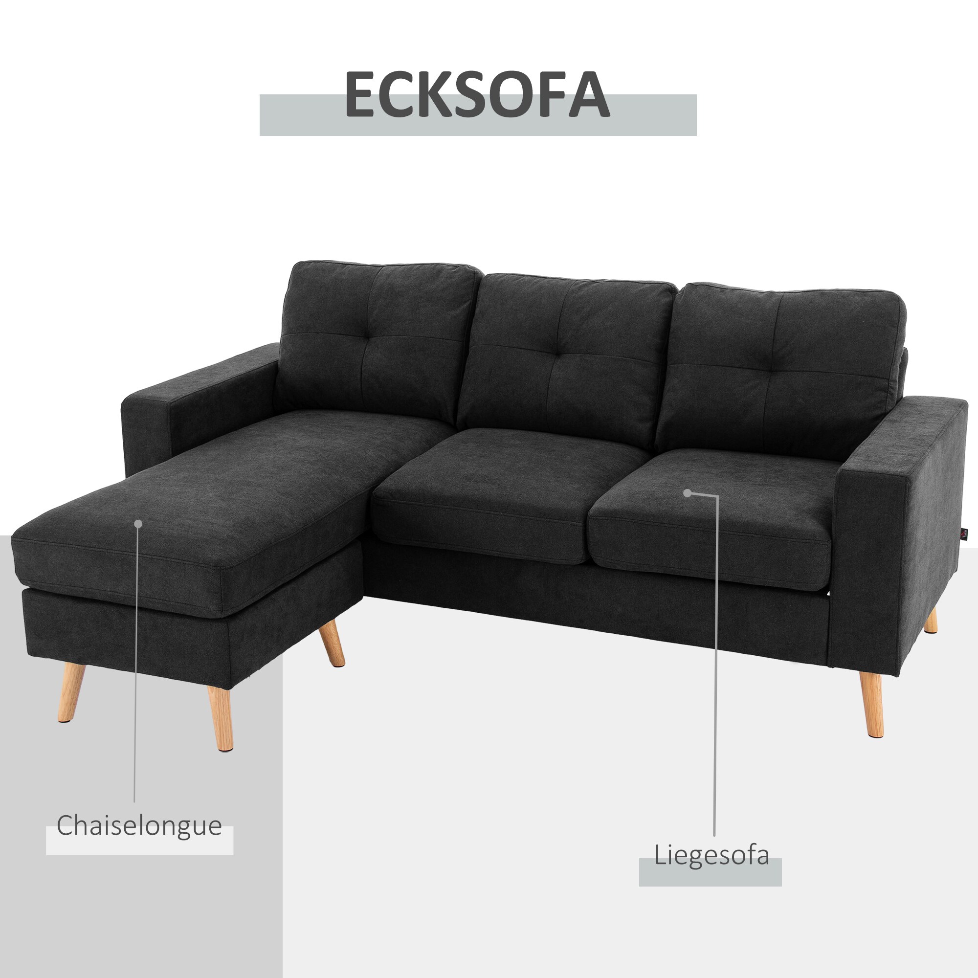 HOMCOM Ecksofa mit abnehmbarem Bezug schwarz 193L x 136B x 85H cm