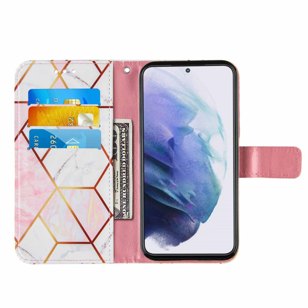 Samsung Galaxy S22 5G Leder Tasche mit Kartenfach   Handschlaufe Geometrisches Muster - Rosa / Weiss