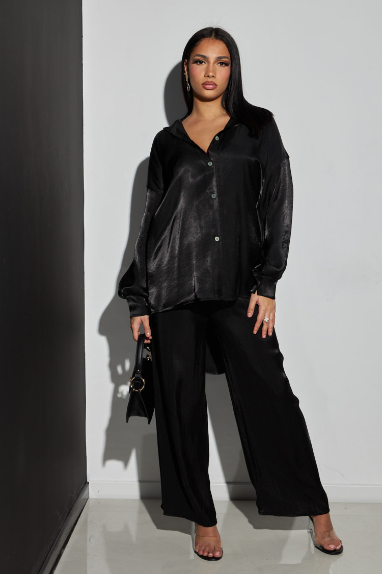 Ensemble 2 pièces chemise + pantalon satiné noir