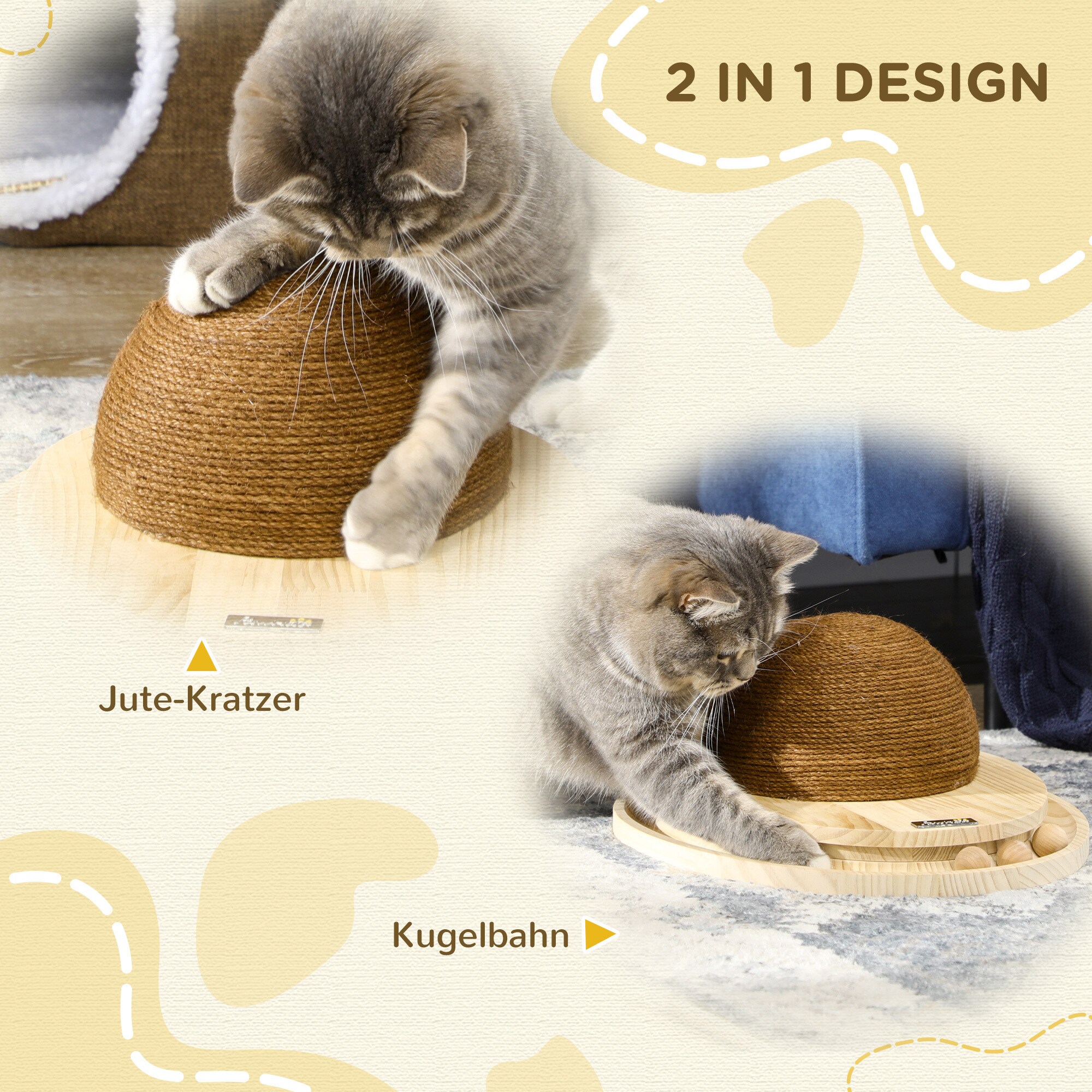 PawHut Holzkatzenspielzeug mit Kratzbrett natur 39,5L x 32,5B x 14,5H cm