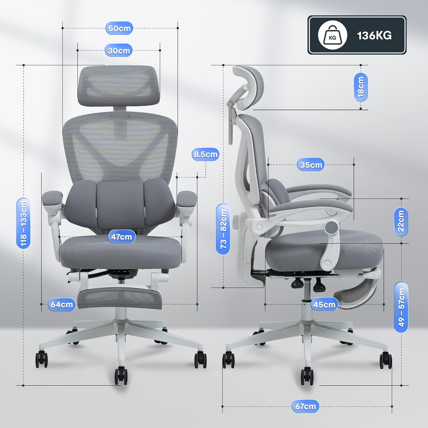 FLEXISPOT Ergonomischer Bürostuhl, X-förmiger Schreibtischstuhl mit 135°-Neigung, Gekoppelte Armlehnen mit zonenweise Einstellbarer Lendenstütze, Drehstuhl mit Fußstütze, 3D-Kopfstütze, Weiß-Grau MB8503814
