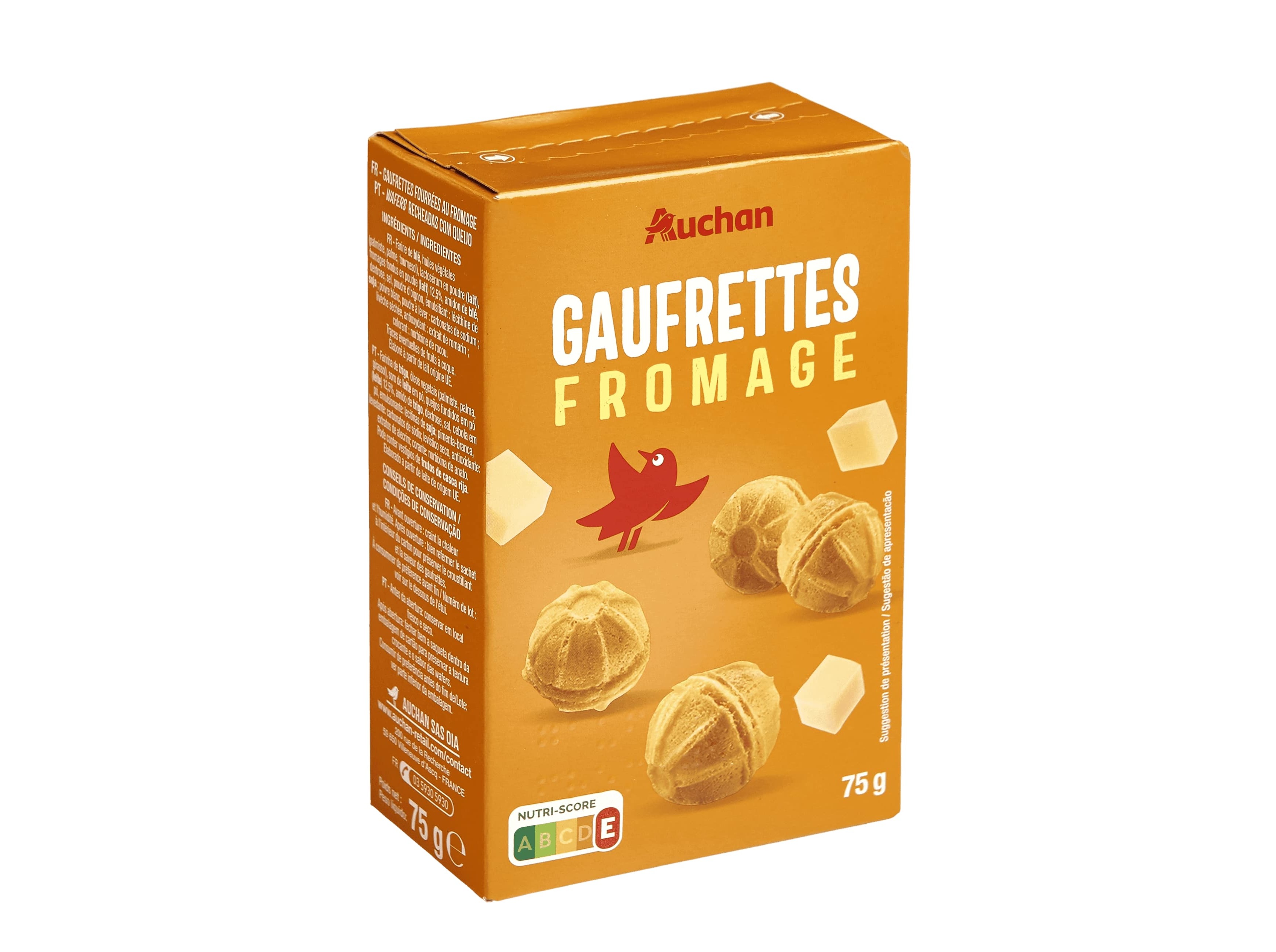 WAFERS AUCHAN RECHEADO COM QUEIJO 75G