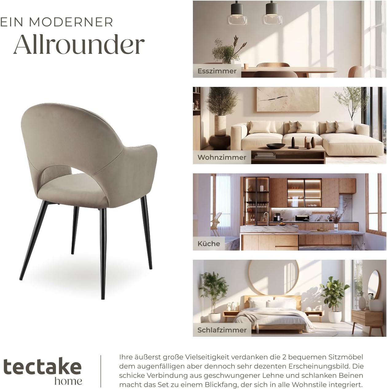 tectake® 2er Set Armlehnstuhl in Samtoptik, gepolsterte Esszimmerstühle, bis 120 kg belastbar, Stühle Esszimmer mit komfortabler Polsterung, Küchenstuhl, Esszimmerstuhl mit Stahlbeinen - Taupe