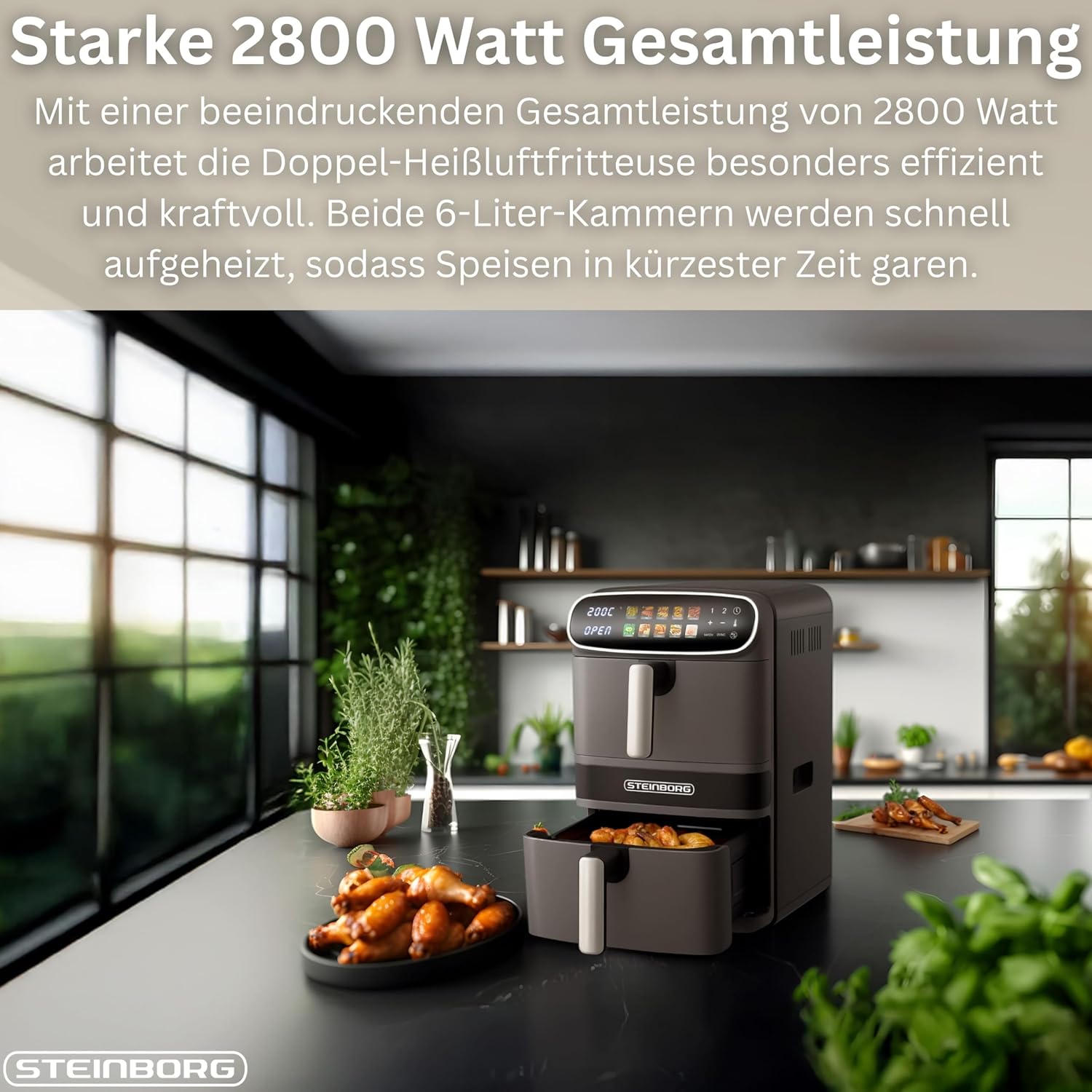 Steinborg® Heißluftfritteuse XXL 12 Liter Doppelkammer Heißluft-Frittieren Heissluftfritteuse 2 vertikale Schubladen 6L+6L Grillen Backen Dörren Frittieren Fritteuse ohne Öl Heißluftofen