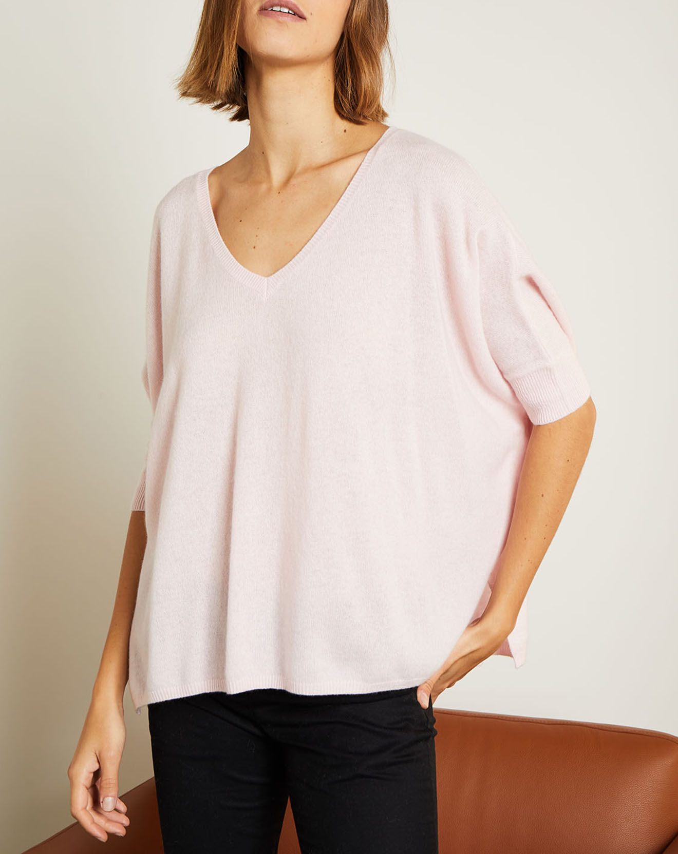 Miss Cashmere Pull poncho 100% Cachemire Marilyn Col V rose poudre