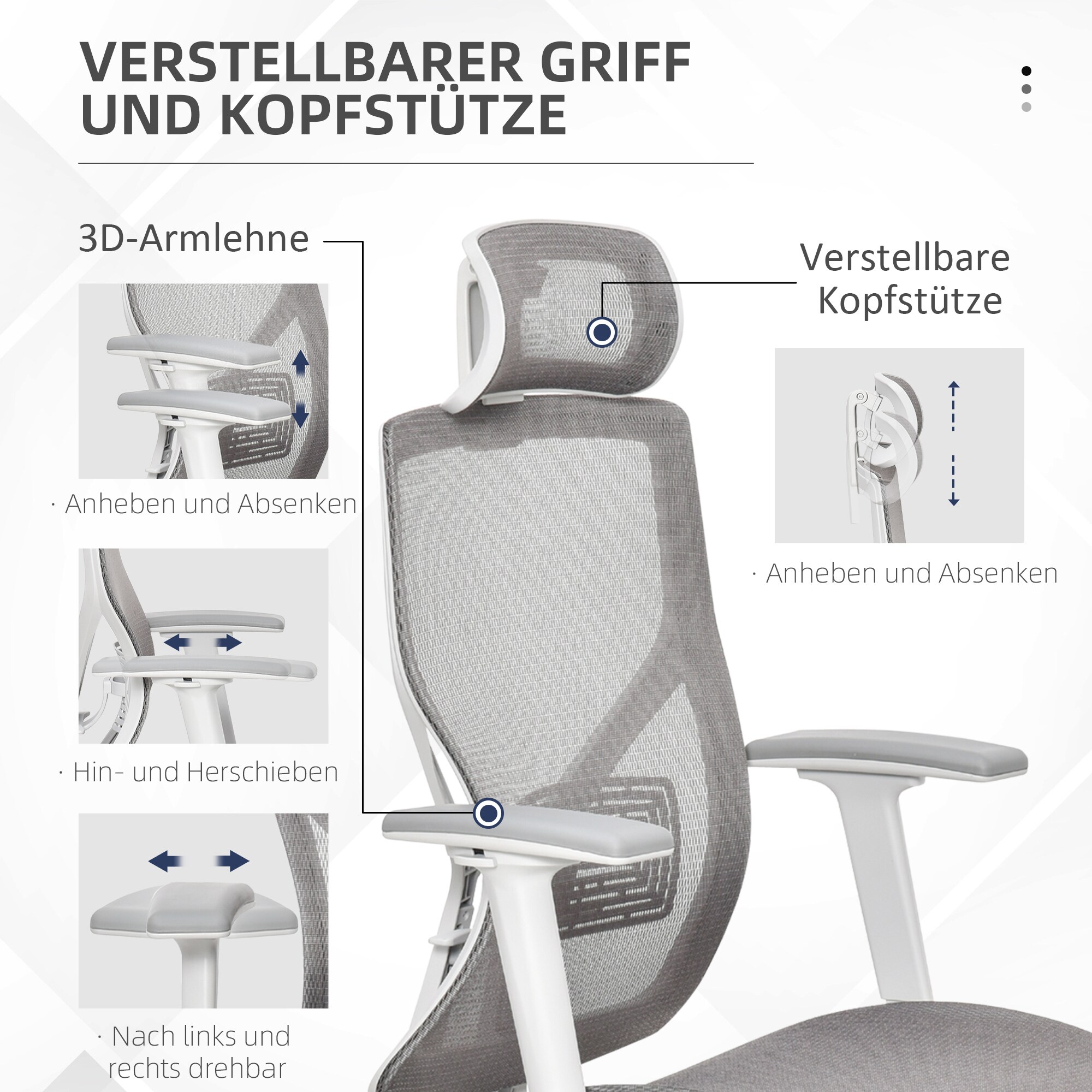 Vinsetto Bürostuhl ergonomisch geformt, high-end gaslift Grau 67 x 65 x 120-128 cm (BxTxH)