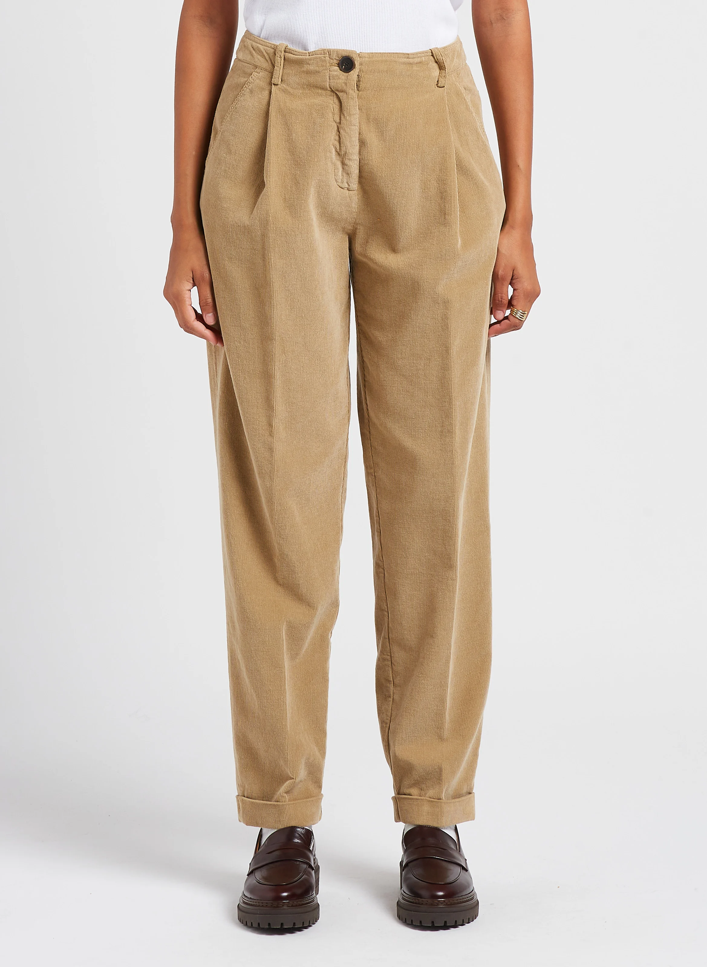 Pantalon carotte en coton de velours côtelé| Marron