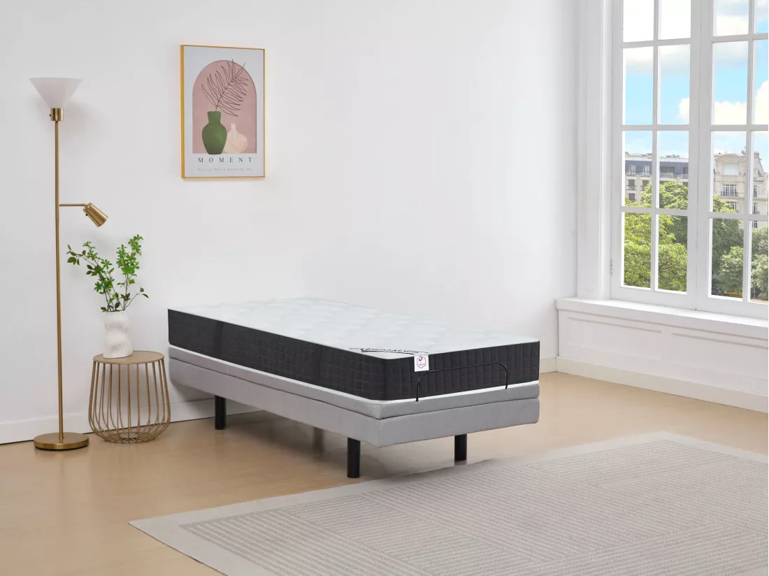 Lit électrique de relaxation déco + matelas ressorts ensachés et mémoire de forme - 80 x 200 cm - Tissu - Gris - RIZALI de YSMÉE