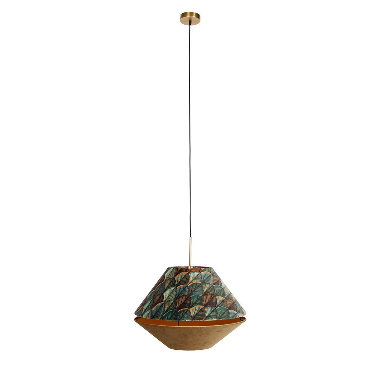 Moderne hanglamp brons met dubbele velours kap blad dessin en beige - Combi 1