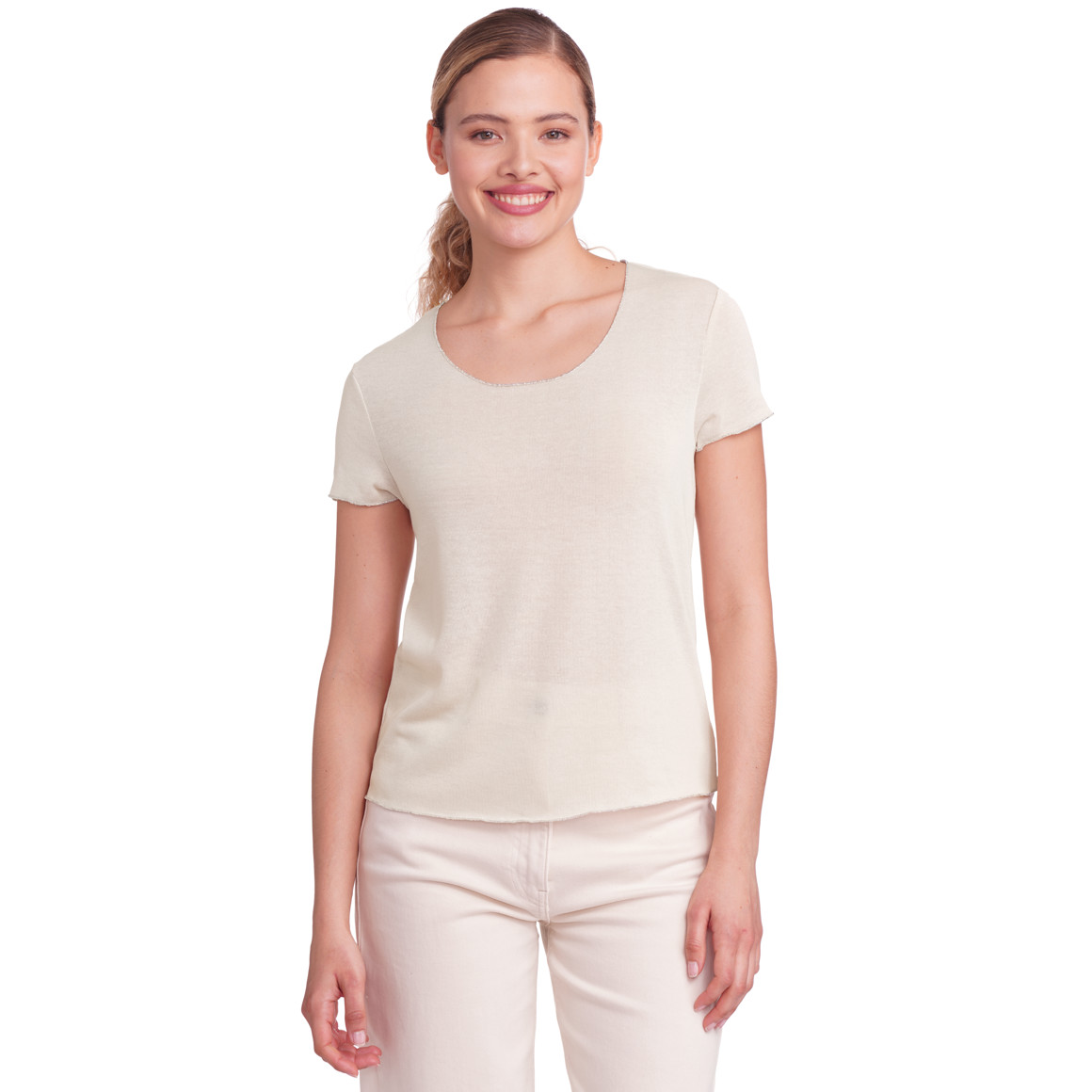 Gina Collection Damen T-Shirt mit glänzender Abschlussnaht beige