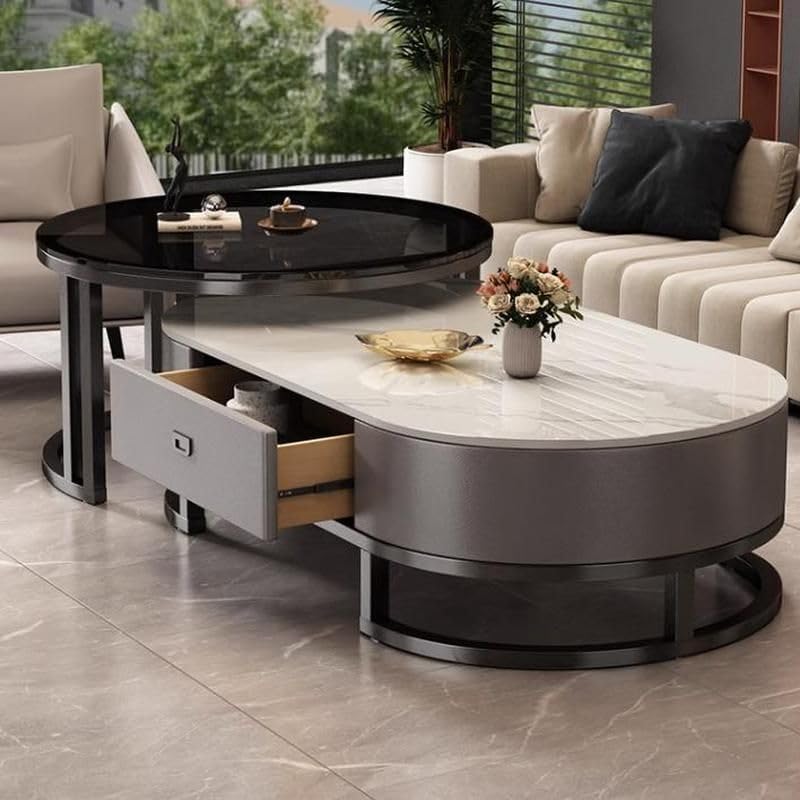 Ovaler Couchtisch aus Stein, 2er-Set, Wohnzimmertisch mit Schublade, Beistelltisch aus Glas, Schwarz/Weiß – Weiß/Schwarz, (99,4