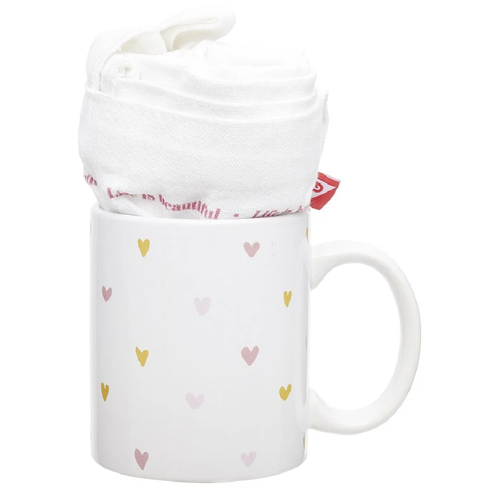 Coffret mug 330ml et tote bag coeur blanc et rose