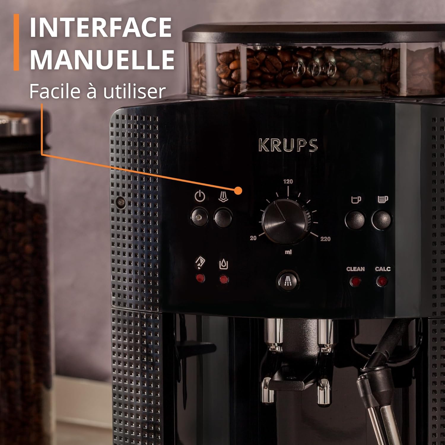 Krups Machine à café grain, 1,7 L, 2 tasses en simultané, Nettoyage automatique, Buse vapeur pour Cappuccino, Cafetière espresso, Essential noire YY8125FD, Noir