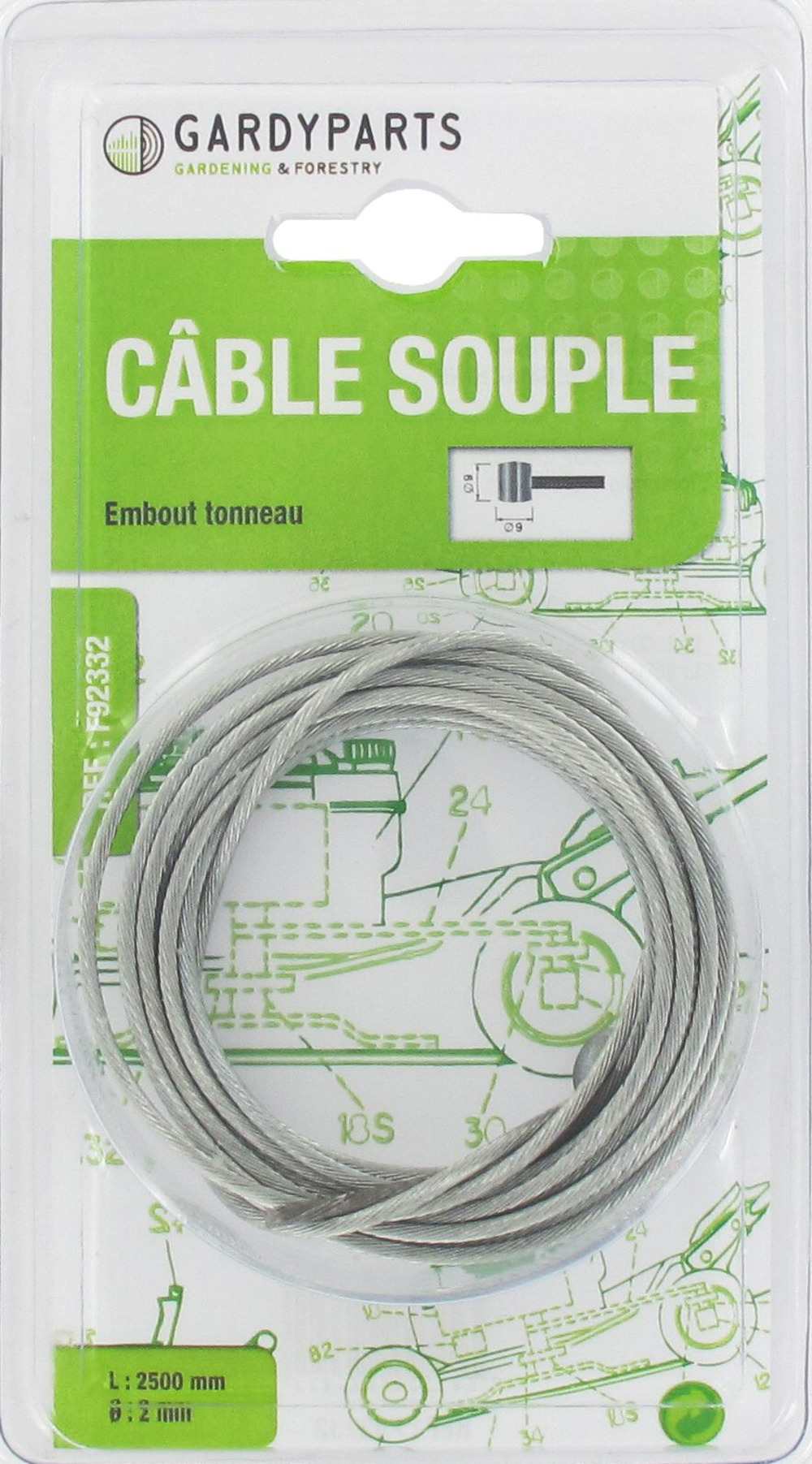Câble universel souple 19 fils à embout tonneau. L totale: 2500mm, ø: ext: 2mm