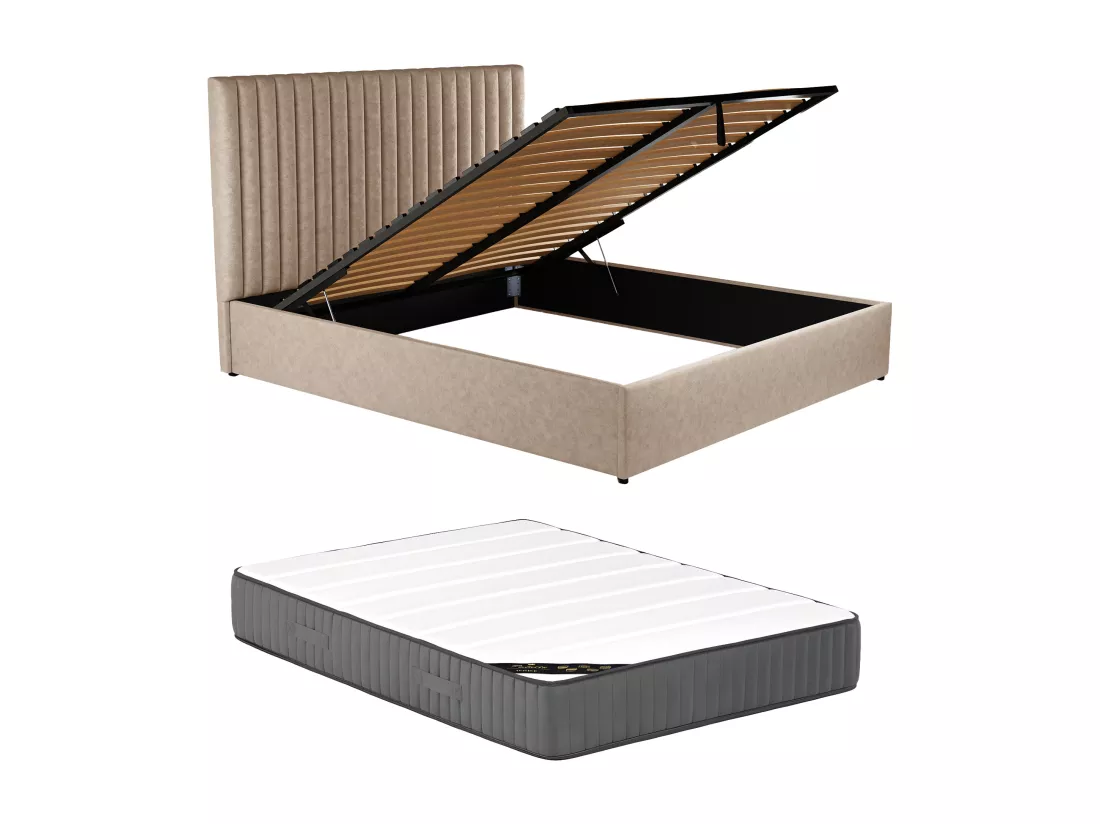 Lit coffre 180 x 200 cm avec tête de lit coutures verticales - Tissu - Taupe + Matelas - SARAH