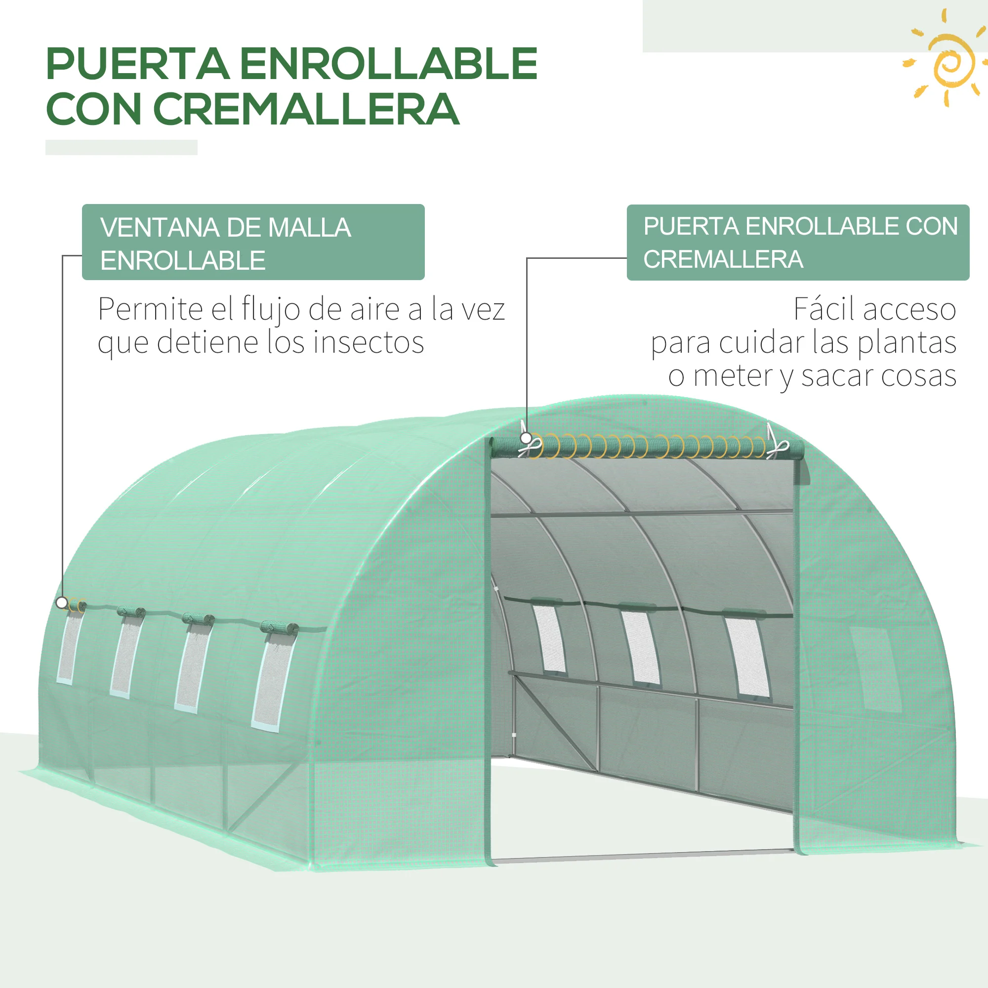 Estufa túnel verde Outsunny com porta de enrolar para cultivos