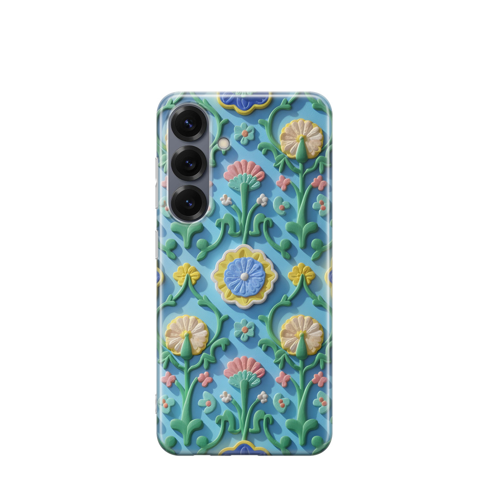 Samsung Galaxy S25 Gummi Hülle Majolika Blütengarten - Türkis